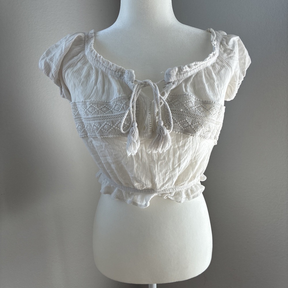 White Crochet Eyelet Banded Crop‎ Top Bell Sleeves Coquette Festival Boho Beach